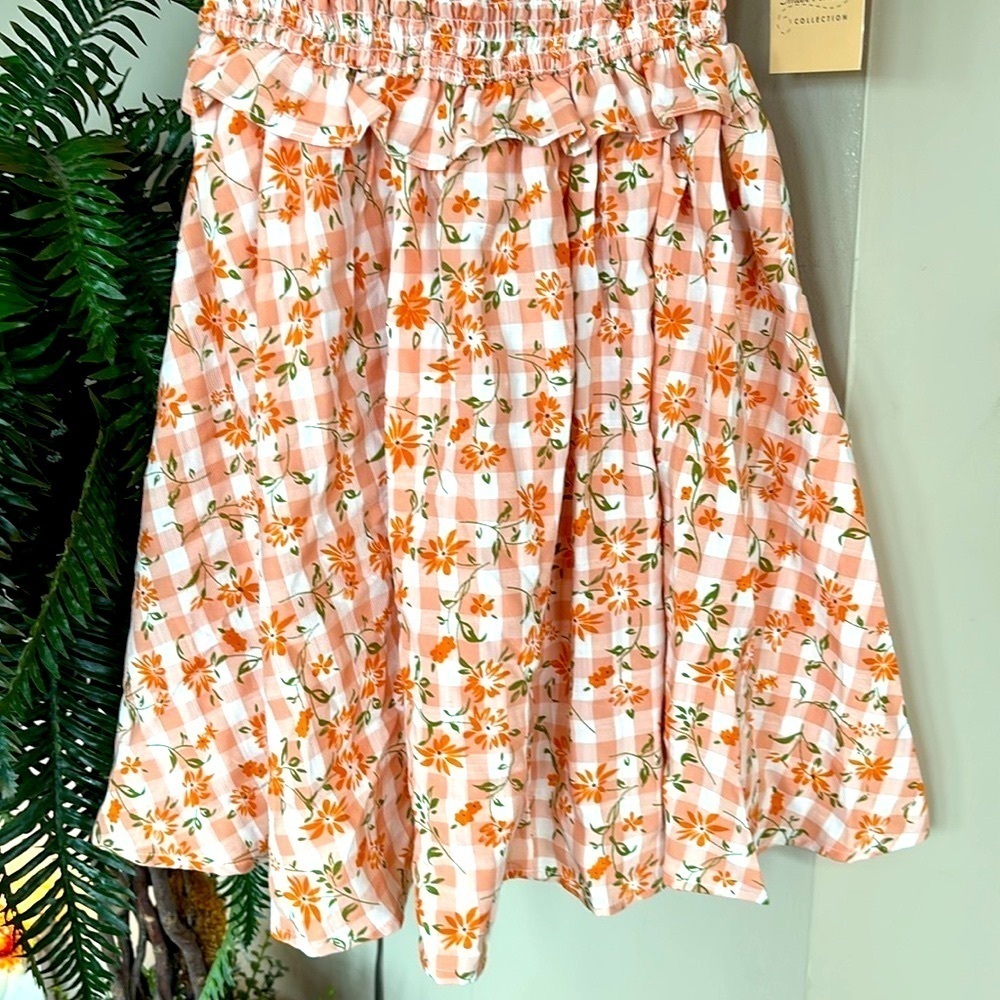 Brand New Smak Parlour Peach Gingham Floral Smocked Mini Dress Puff Sleeves Mod - Picture 2 of 15